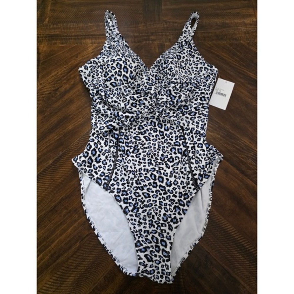 FULLFITALL Womens Swimsuit Blue Leopard Print One Piece Ruched Tummy Control‎ 24